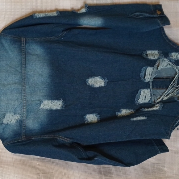 Deconstructed Denim Button Up Long Sleeve Tunic Length Shirt L - Picture 5 of 5